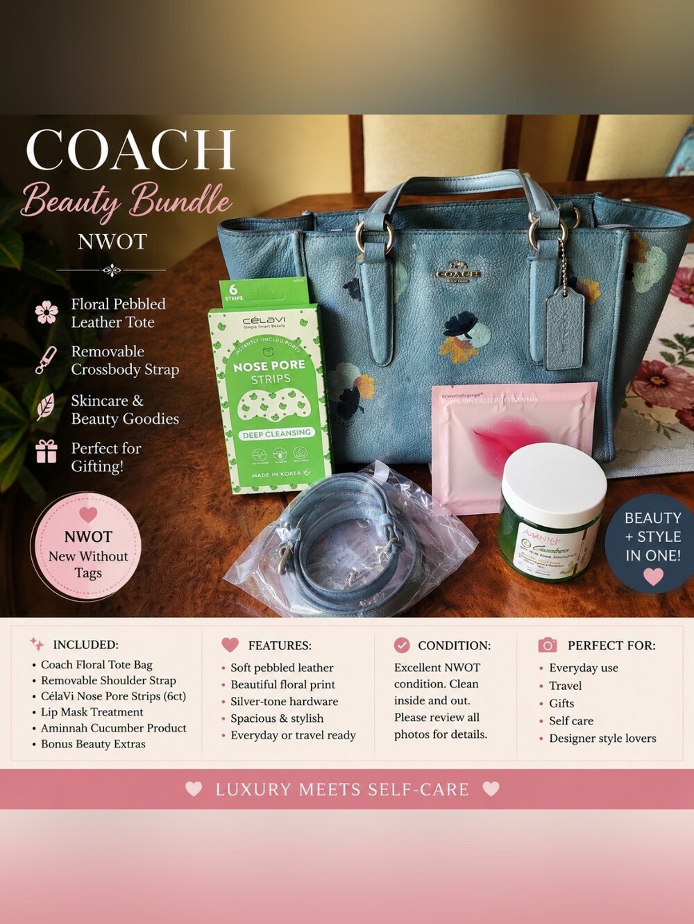 ✨️Coach Floral Tote Beauty Bundle NWOT | Designer Bag + Skincare Gift Set